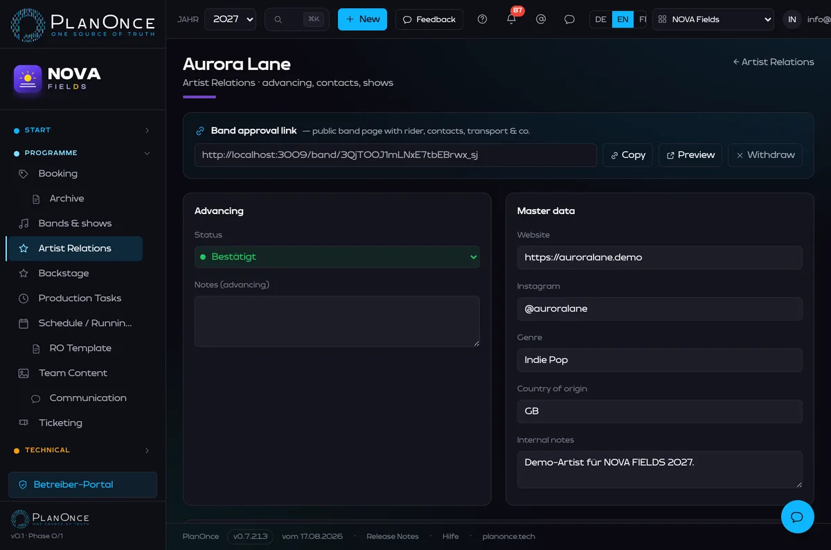 PlanOnce — artist detail view with advancing, master data, share link and contacts
